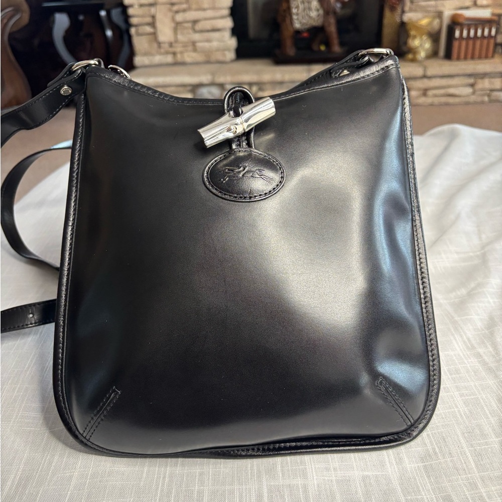 Longchamp Black Leather Messenger Bag